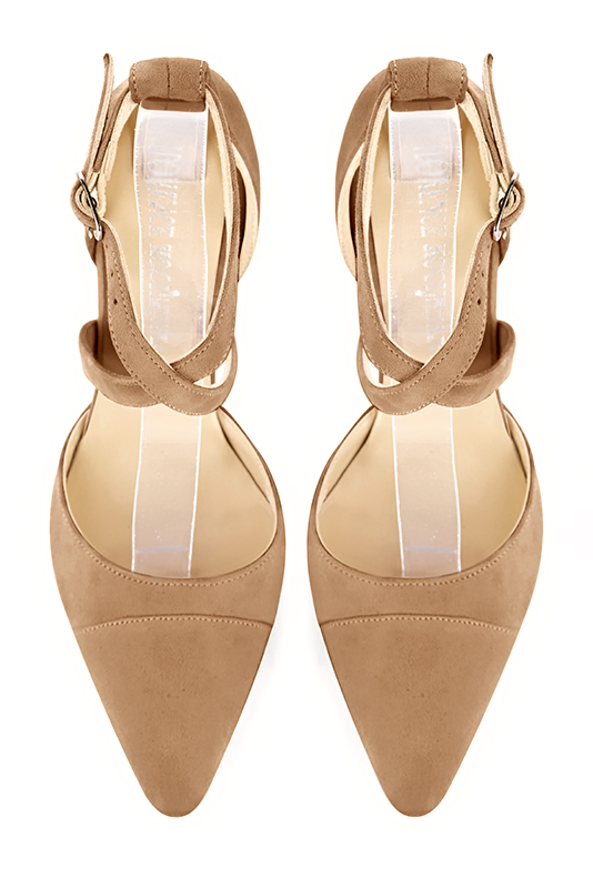 Tan beige women's open side shoes, with crossed straps. Tapered toe. Medium spool heels. Top view - Florence KOOIJMAN